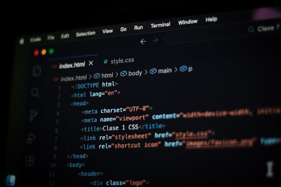 A computer screen displaying lines of code within a text editor. The code includes HTML tags and attributes related to a webpage's structure, such as <html>, <head>, <title>, and <link>. The text edit